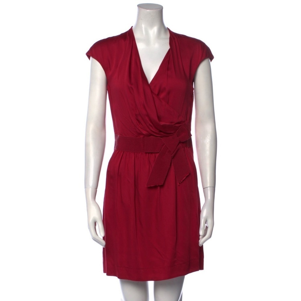 Love Moschino V-Neck Red Silk Blend Grosgrain Bow Waist Mini Dress NWT Size US 4